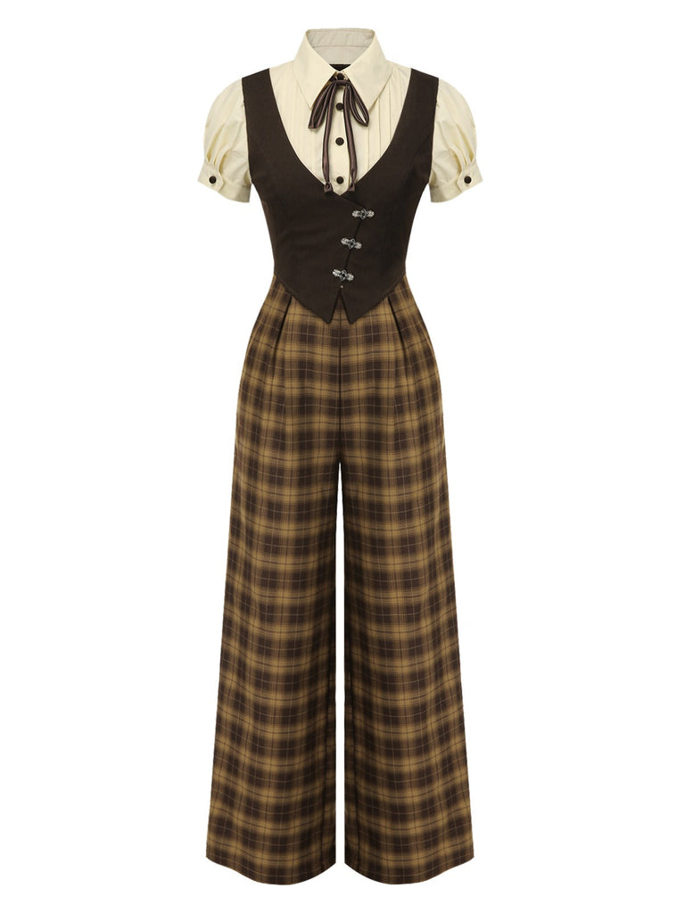 [Vorverkauf] Braun 1930er Gefälschte 3PCS Bogen Plaid Jumpsuit