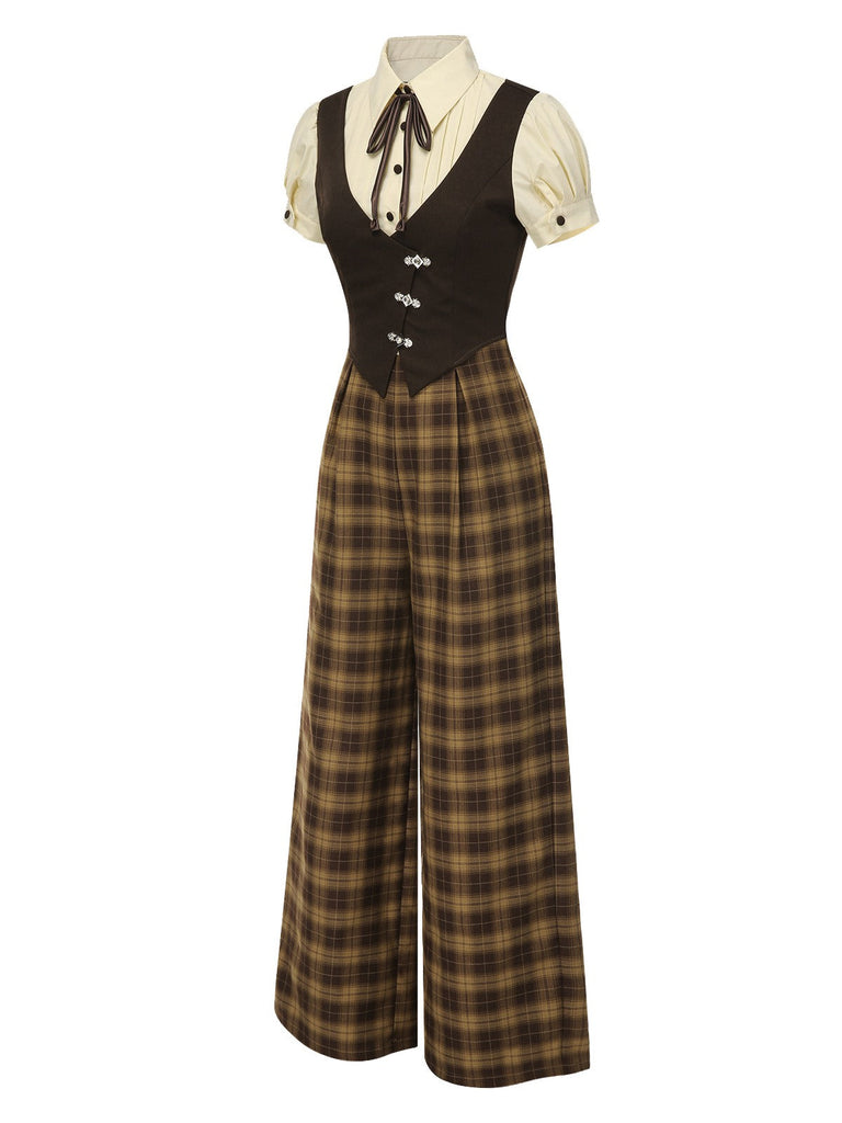 [Vorverkauf] Braun 1930er Gefälschte 3PCS Bogen Plaid Jumpsuit