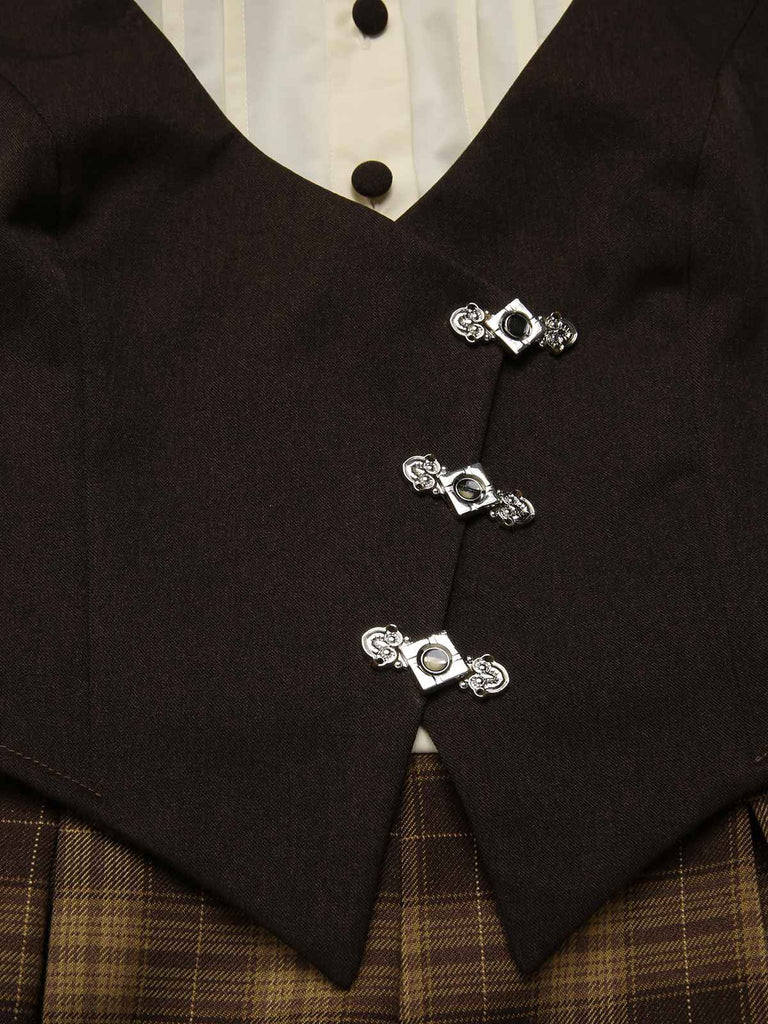 [Vorverkauf] Braun 1930er Gefälschte 3PCS Bogen Plaid Jumpsuit