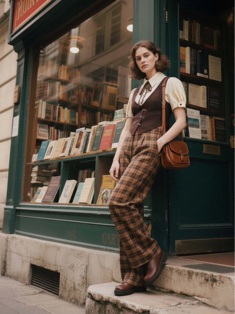 [Vorverkauf] Braun 1930er Gefälschte 3PCS Bogen Plaid Jumpsuit