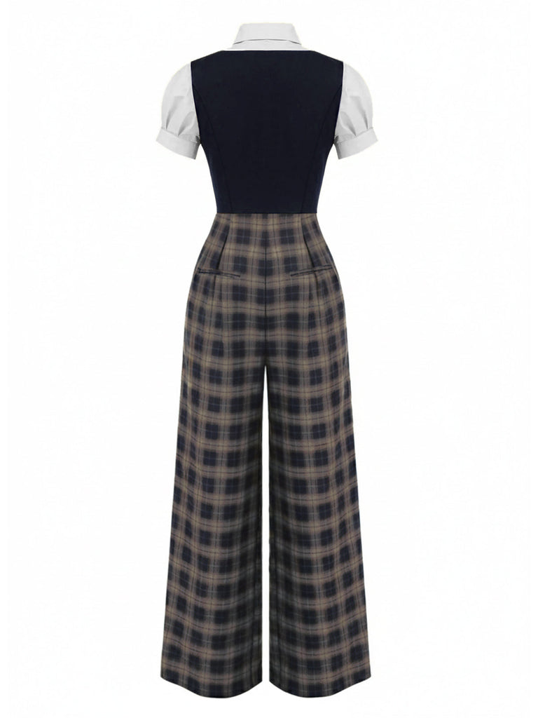 [Vorverkauf] Schwarz 1930er Gefälschte 3PCS Bogen Plaid Jumpsuit