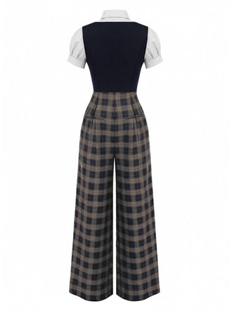 [Vorverkauf] Schwarz 1930er Gefälschte 3PCS Bogen Plaid Jumpsuit