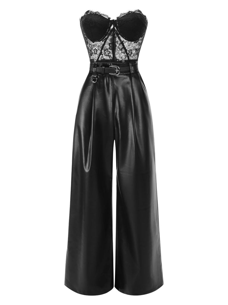 [Vorverkauf] Schwarz 1930er Spitze Leder Bandeau Jumpsuit