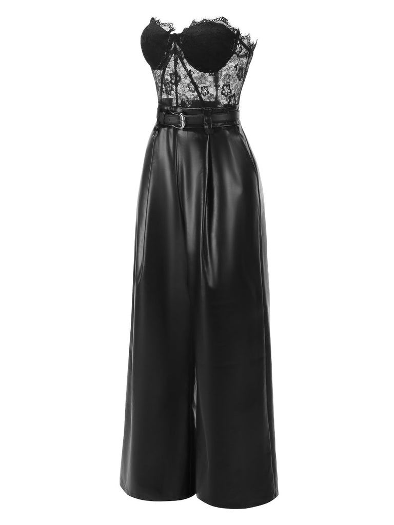 [Vorverkauf] Schwarz 1930er Spitze Leder Bandeau Jumpsuit