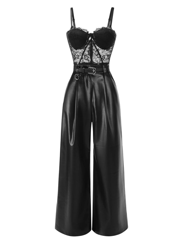 [Vorverkauf] Schwarz 1930er Spitze Leder Bandeau Jumpsuit