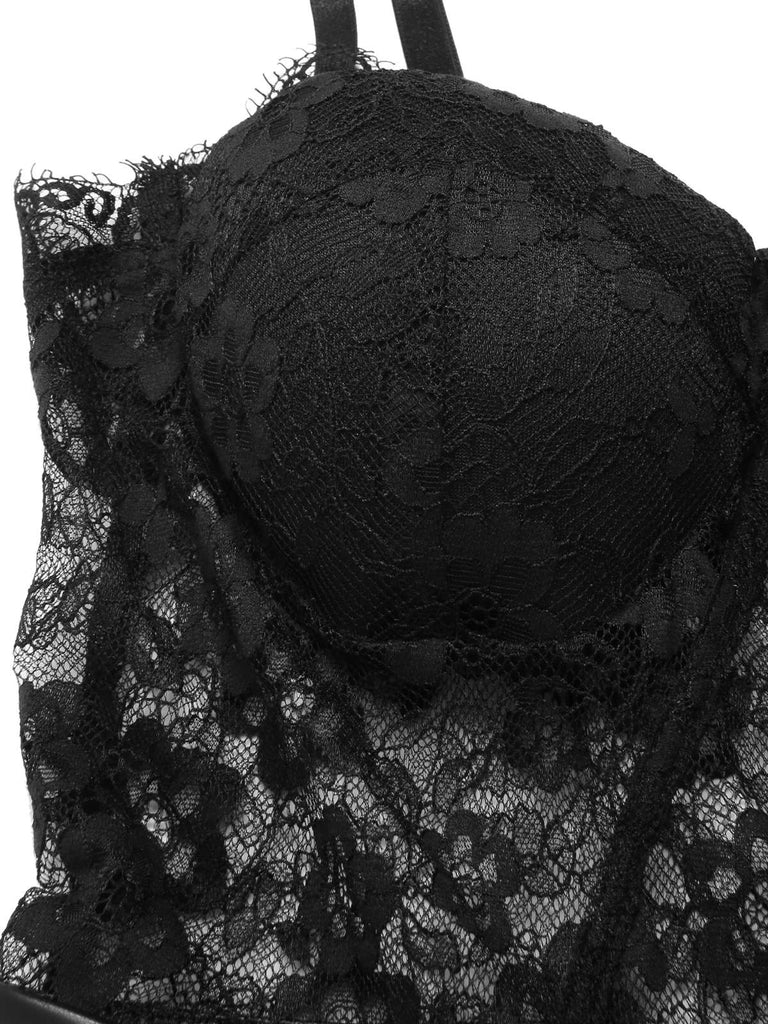 [Vorverkauf] Schwarz 1930er Spitze Leder Bandeau Jumpsuit