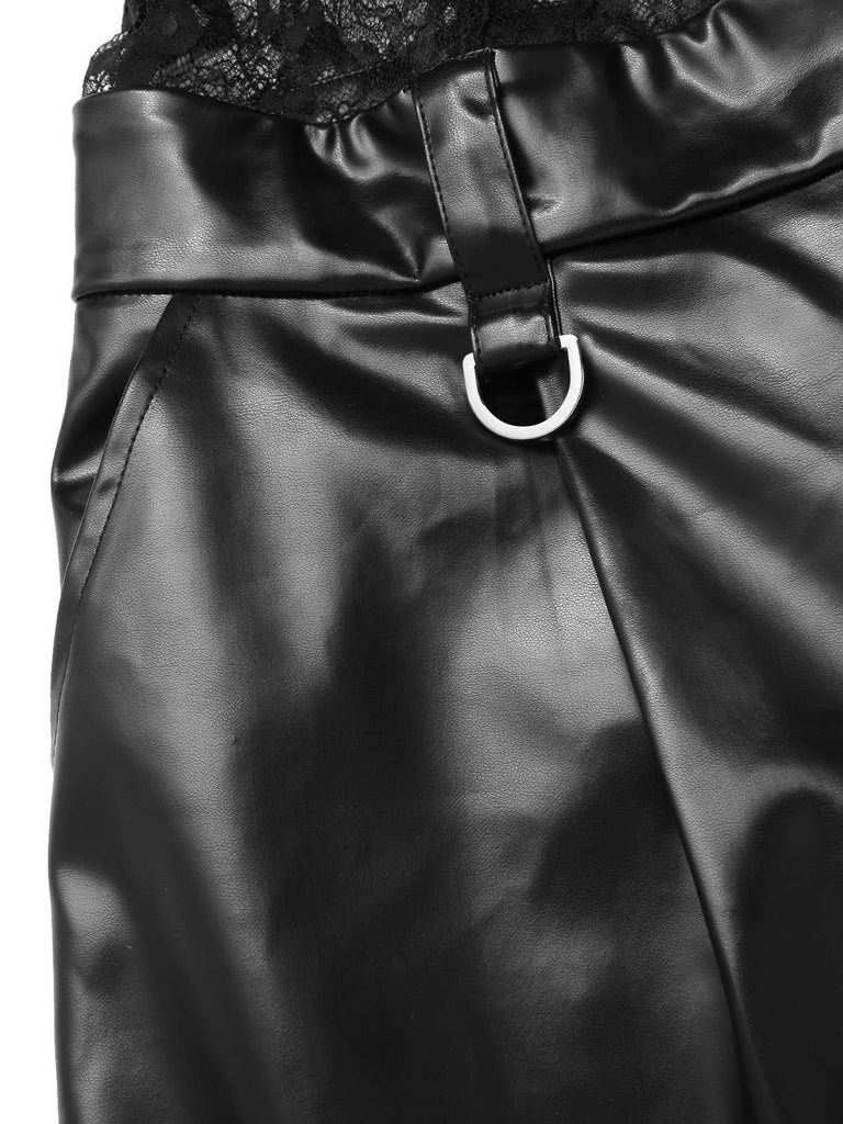 [Vorverkauf] Schwarz 1930er Spitze Leder Bandeau Jumpsuit