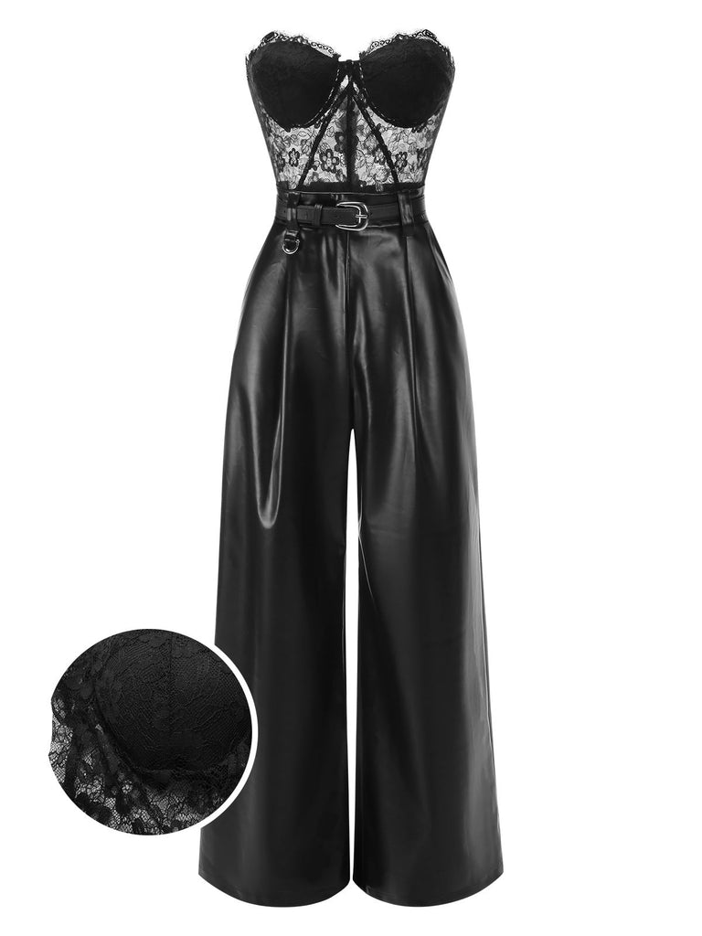 [Vorverkauf] Schwarz 1930er Spitze Leder Bandeau Jumpsuit