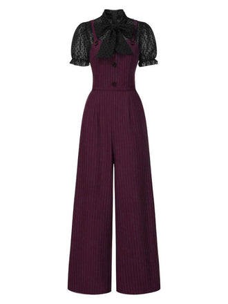 [Vorverkauf] Schwarz 1930er Netz Patchwork Vertikal Streifen Jumpsuit