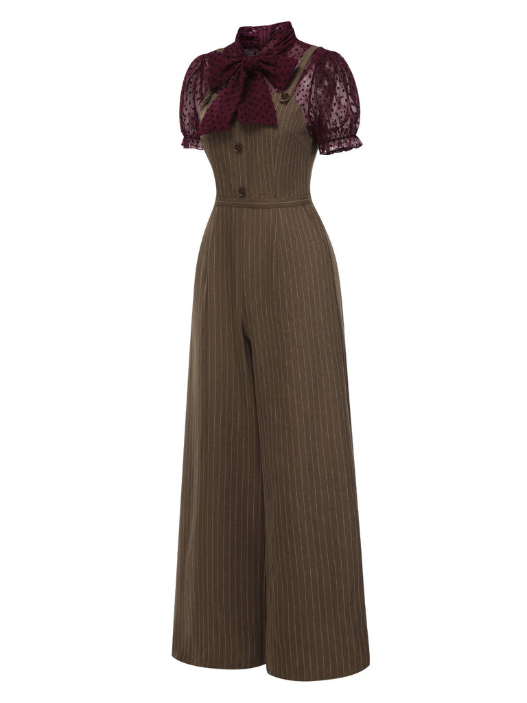 [Vorverkauf] Rot 1930er Netz Patchwork Vertikal Streifen Jumpsuit