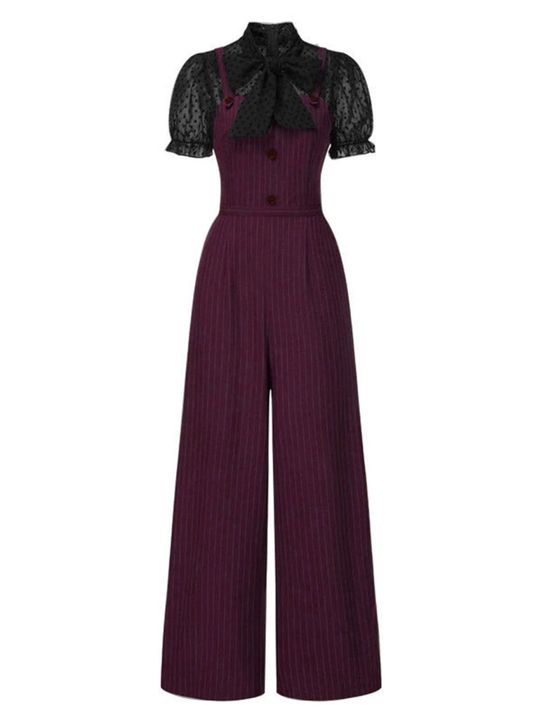 Schwarz 1930er Netz Patchwork Vertikal Streifen Jumpsuit
