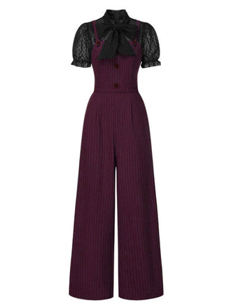 [Vorverkauf] Schwarz 1930er Netz Patchwork Vertikal Streifen Jumpsuit