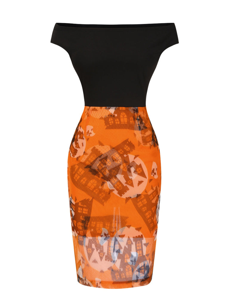 [Vorverkauf] Orange 1960er Schulterfrei Burg Schläger Mond Kleid