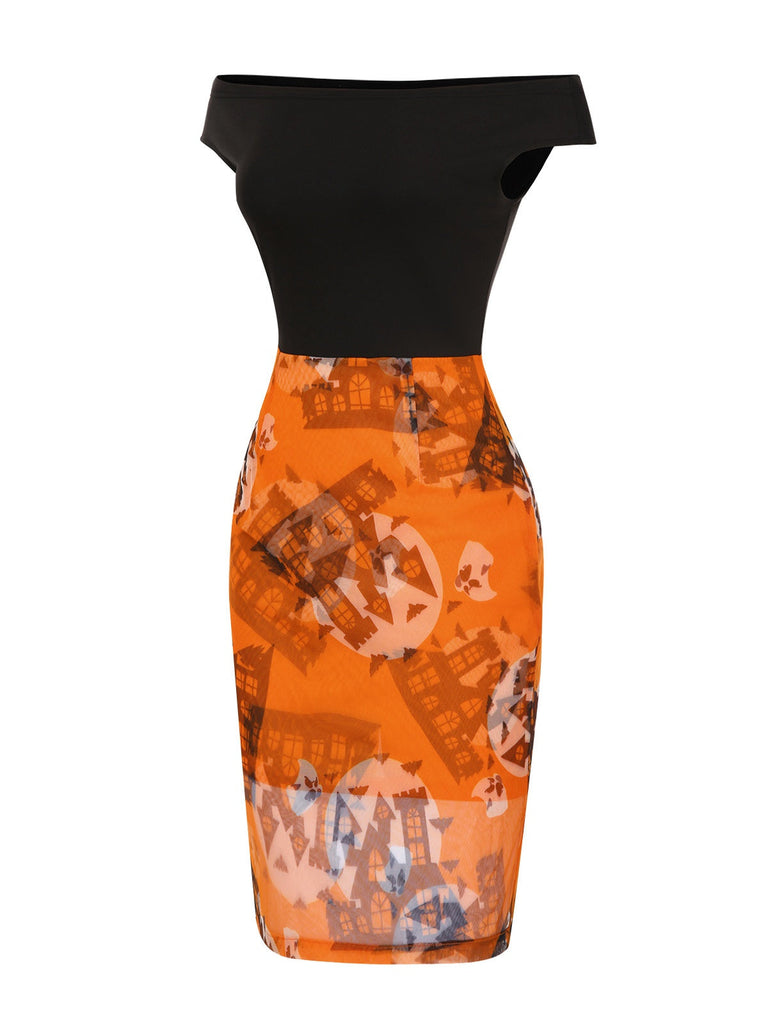 [Vorverkauf] Orange 1960er Schulterfrei Burg Schläger Mond Kleid