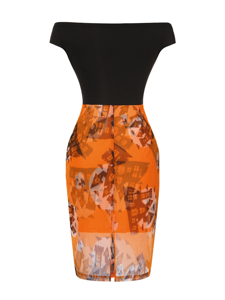 [Vorverkauf] Orange 1960er Schulterfrei Burg Schläger Mond Kleid