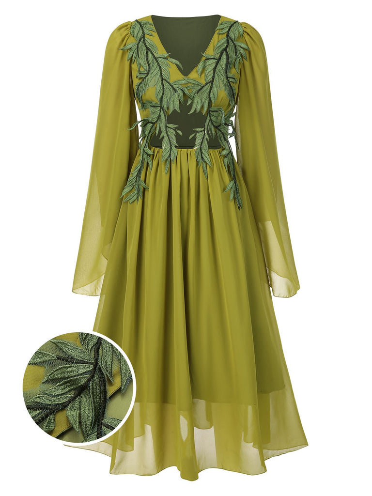 [Vorverkauf] Grün Gelb 1970er Elf Fee Stickerei Chiffon Kleid
