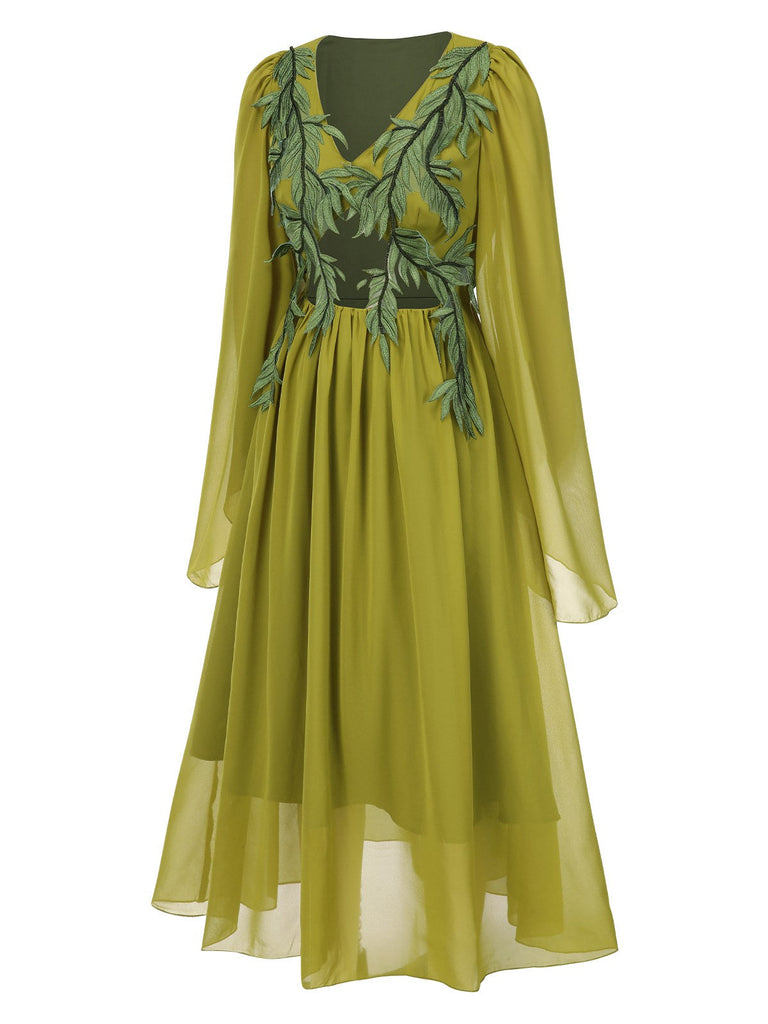 [Vorverkauf] Grün Gelb 1970er Elf Fee Stickerei Chiffon Kleid