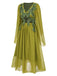 [Vorverkauf] Grün Gelb 1970er Elf Fee Stickerei Chiffon Kleid
