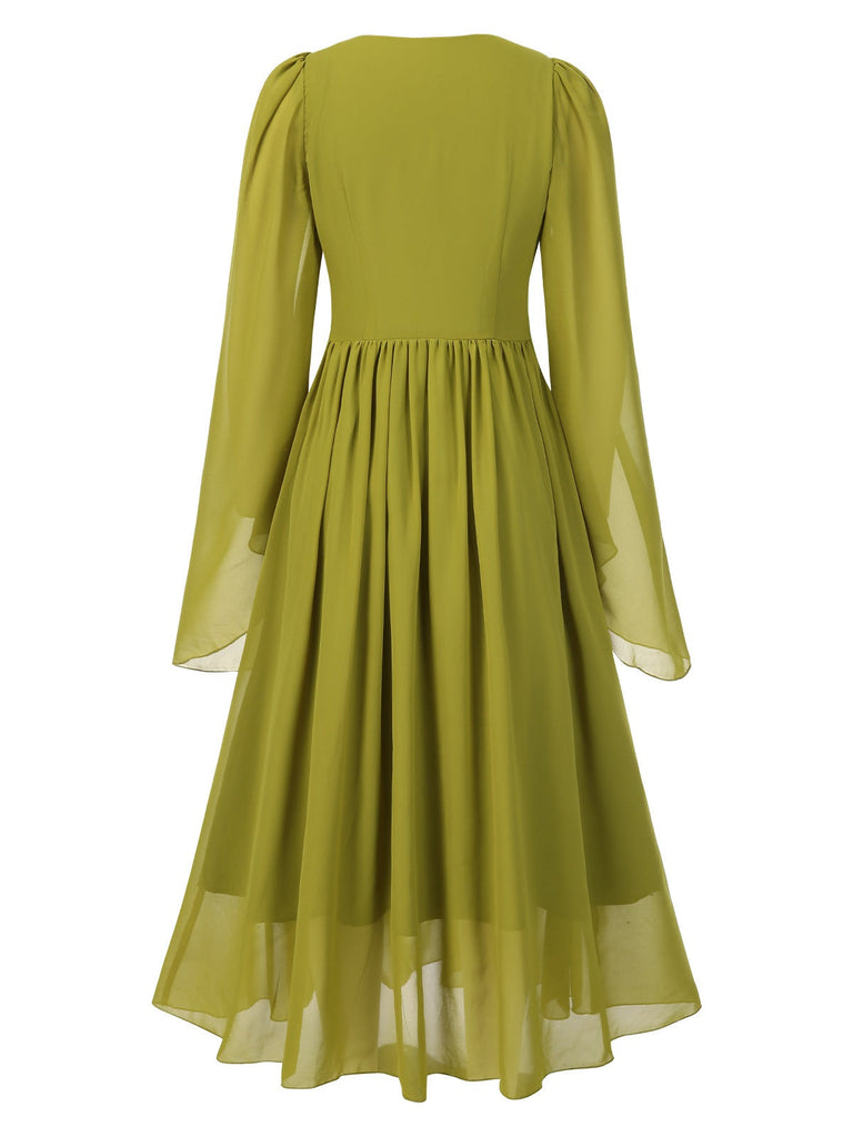 [Vorverkauf] Grün Gelb 1970er Elf Fee Stickerei Chiffon Kleid