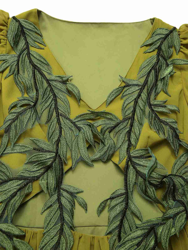 [Vorverkauf] Grün Gelb 1970er Elf Fee Stickerei Chiffon Kleid