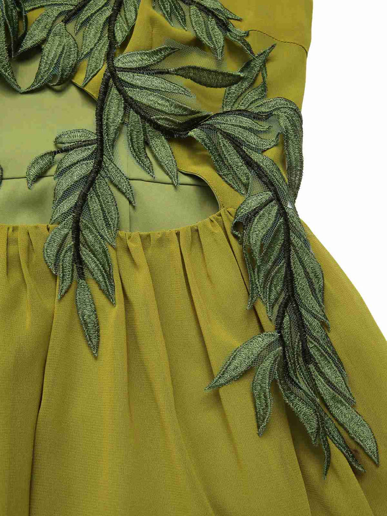 [Vorverkauf] Grün Gelb 1970er Elf Fee Stickerei Chiffon Kleid