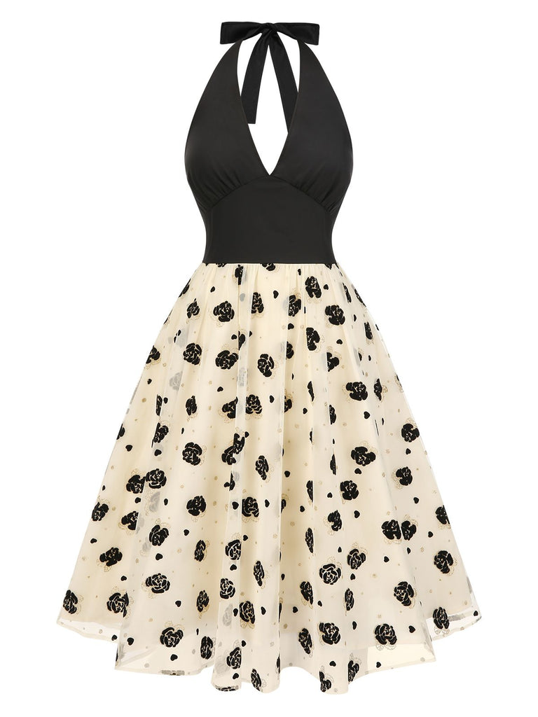 [Vorverkauf] Beige 1950er Rosen Netz Halter Kleid