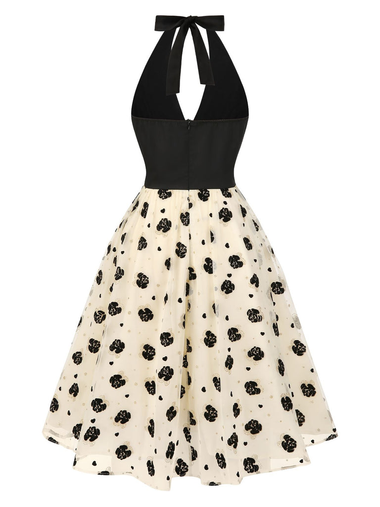 [Vorverkauf] Beige 1950er Rosen Netz Halter Kleid