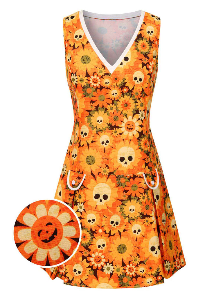 [Vorverkauf] Orange 1960er Halloween Schädel Blumen Druck V-Ausschnitt Kleid