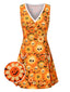 [Vorverkauf] Orange 1960er Halloween Schädel Blumen Druck V-Ausschnitt Kleid