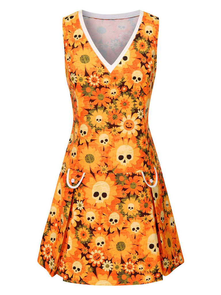 [Vorverkauf] Orange 1960er Halloween Schädel Blumen Druck V-Ausschnitt Kleid