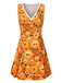 [Vorverkauf] Orange 1960er Halloween Schädel Blumen Druck V-Ausschnitt Kleid
