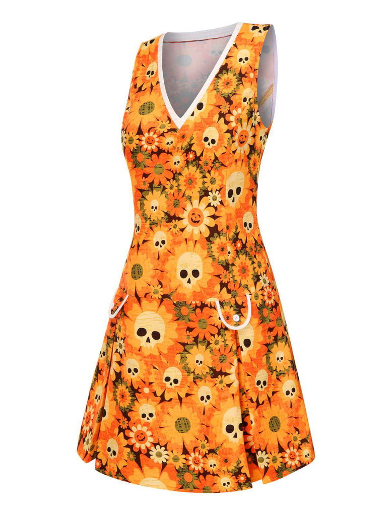 [Vorverkauf] Orange 1960er Halloween Schädel Blumen Druck V-Ausschnitt Kleid