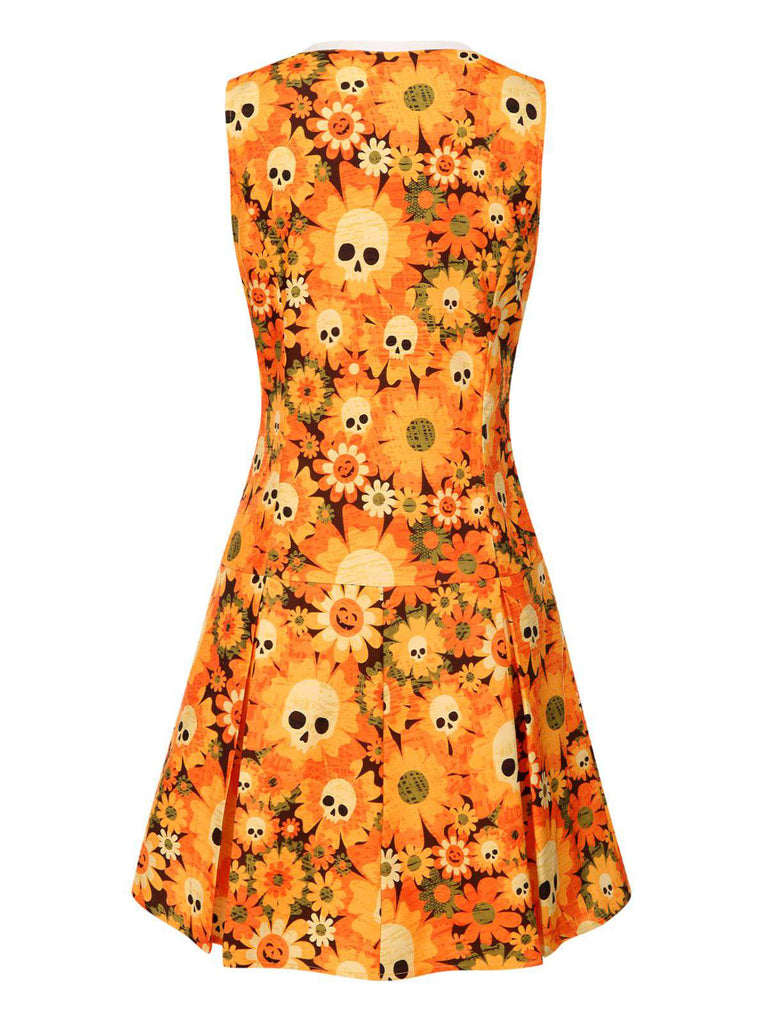 [Vorverkauf] Orange 1960er Halloween Schädel Blumen Druck V-Ausschnitt Kleid