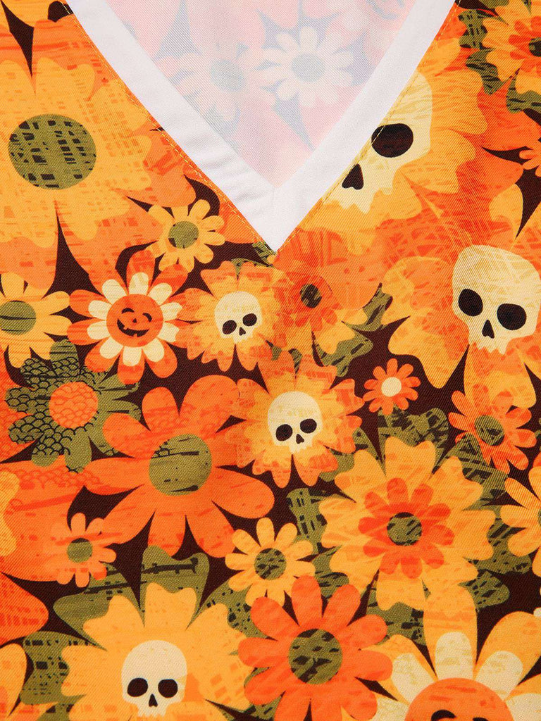 [Vorverkauf] Orange 1960er Halloween Schädel Blumen Druck V-Ausschnitt Kleid