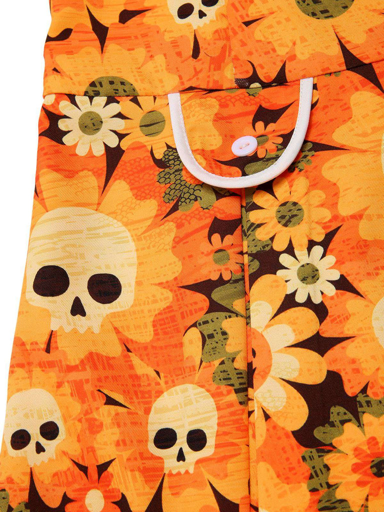 [Vorverkauf] Orange 1960er Halloween Schädel Blumen Druck V-Ausschnitt Kleid