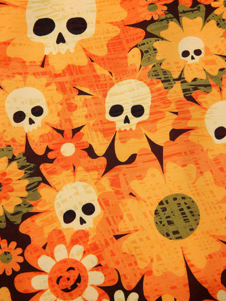 [Vorverkauf] Orange 1960er Halloween Schädel Blumen Druck V-Ausschnitt Kleid