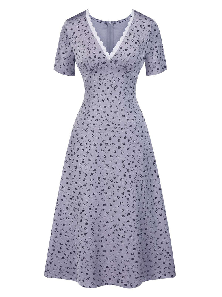 [Vorverkauf] Lavendel 1940er Satin Kleine Blumen Spitze V-Ausschnitt Kleid