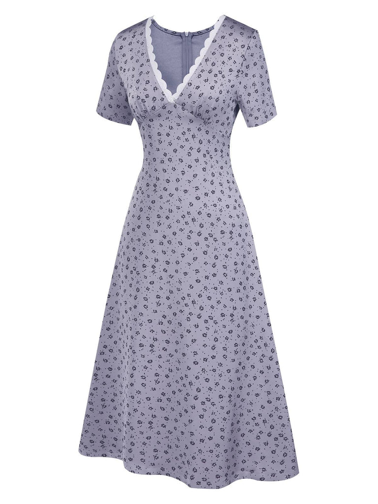 [Vorverkauf] Lavendel 1940er Satin Kleine Blumen Spitze V-Ausschnitt Kleid