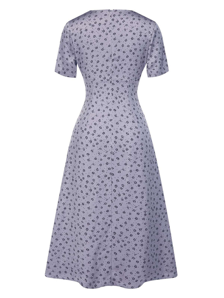 [Vorverkauf] Lavendel 1940er Satin Kleine Blumen Spitze V-Ausschnitt Kleid