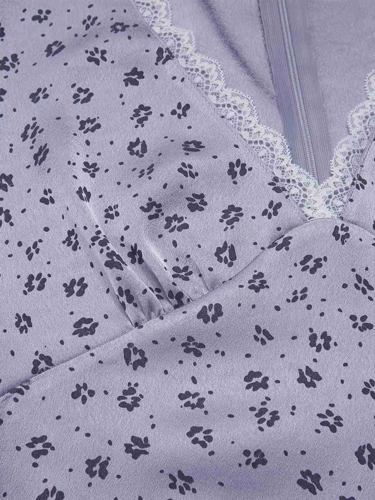 [Vorverkauf] Lavendel 1940er Satin Kleine Blumen Spitze V-Ausschnitt Kleid