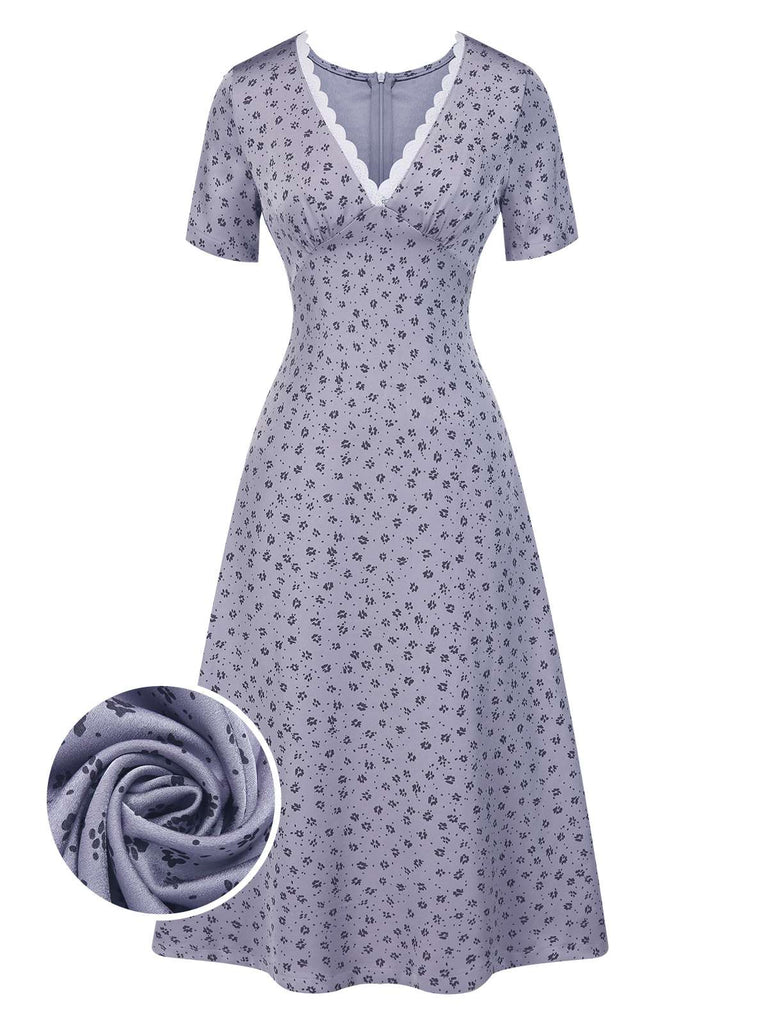 [Vorverkauf] Lavendel 1940er Satin Kleine Blumen Spitze V-Ausschnitt Kleid