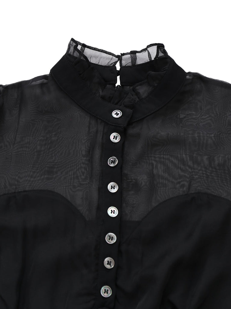 [Vorverkauf] Schwarz 1950er Transparenter Ärmel Rüschenkragen Jumpsuit