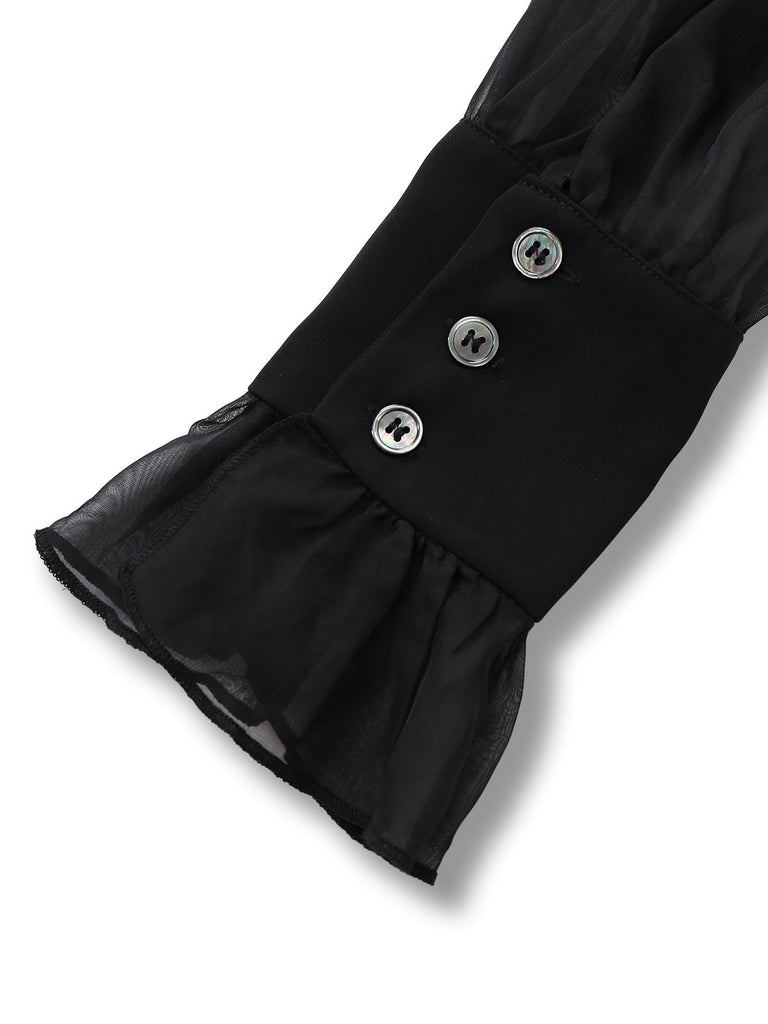 [Vorverkauf] Schwarz 1950er Transparenter Ärmel Rüschenkragen Jumpsuit