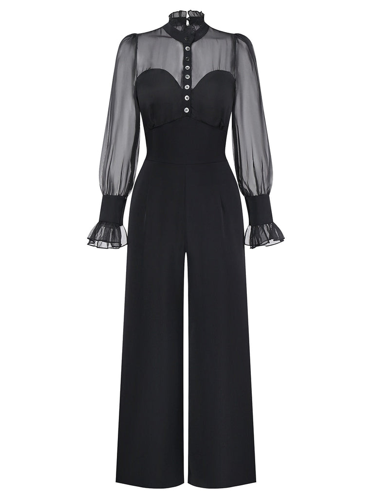 [Vorverkauf] Schwarz 1950er Transparenter Ärmel Rüschenkragen Jumpsuit