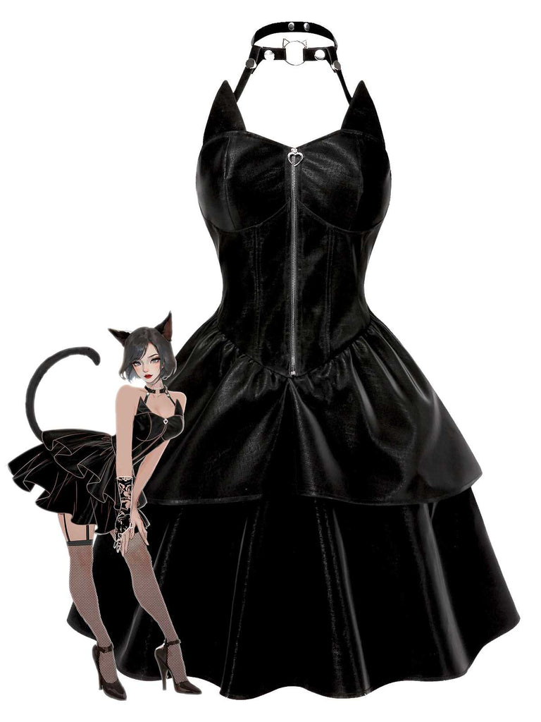 [Vorverkauf] Schwarz 1950er Halloween Katzenmädchen Leder Kleid