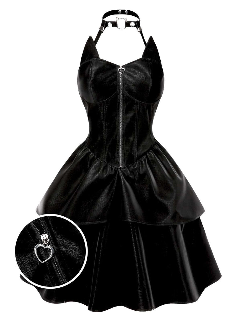 [Vorverkauf] Schwarz 1950er Halloween Katzenmädchen Leder Kleid