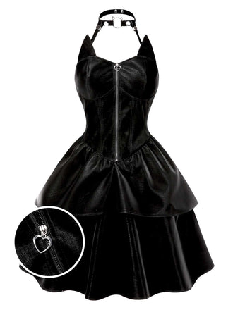 Schwarz 1950er Halloween Katzenmädchen Leder Kleid