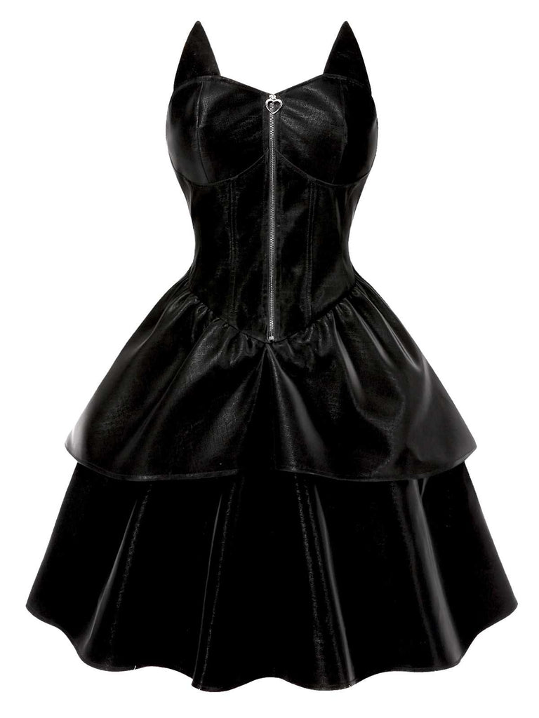 [Vorverkauf] Schwarz 1950er Halloween Katzenmädchen Leder Kleid