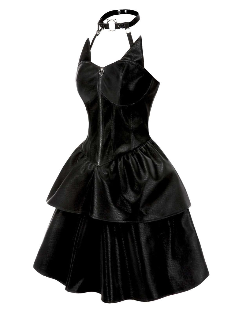 [Vorverkauf] Schwarz 1950er Halloween Katzenmädchen Leder Kleid