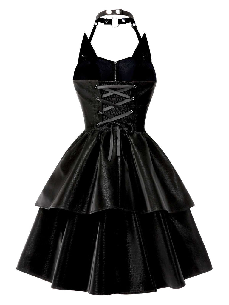 [Vorverkauf] Schwarz 1950er Halloween Katzenmädchen Leder Kleid
